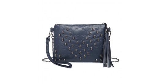 LH2412 - Miss Lulu Soft PU Ultra-Lightweight Clutch Bag with Skull Embossing Tassel Detail and Long Chain Shoulder Strap - Navy