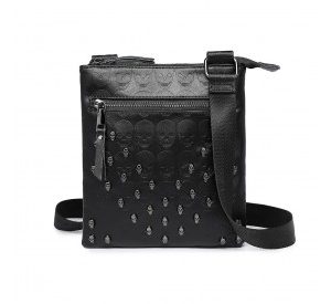 LH2419 - Miss Lulu Stylish Gothic Skull Embossed PU Leather Crossbody Messenger Bag with Metal Accents - Black