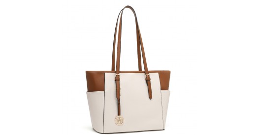 LM1642-1 - Miss Lulu Faux Leather Adjustable Handle Tote Bag - Beige And Light Brown