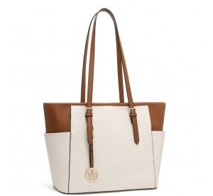 LM1642-1 - Miss Lulu Faux Leather Adjustable Handle Tote Bag - Beige And Light Brown