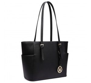 LM1642-1 - Miss Lulu Faux Leather Adjustable Handle Tote Bag - Black