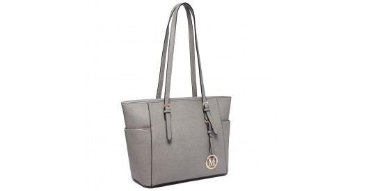 LM1642-1 - Miss Lulu Faux Leather Adjustable Handle Tote Bag - Grey