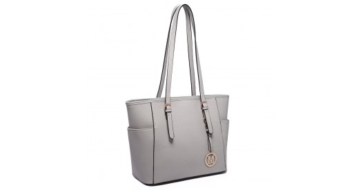 LM1642-1 - Miss Lulu Faux Leather Adjustable Handle Tote Bag - Light Grey