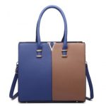 LT1666 – Miss Lulu Split Front Design Medium Tote Handbag Navy and Brown
