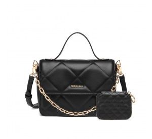 LT2201 - Miss Lulu Diamond Quilted Leather Chain Shoulder Bag - Black