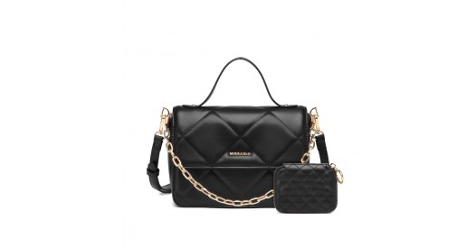 LT2201 - Miss Lulu Diamond Quilted Leather Chain Shoulder Bag - Black