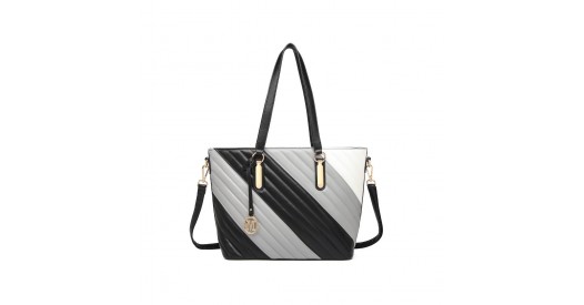 LT2225 - Miss Lulu Contrast Colour Twill Leather Handbag Tote Bag - Black And Grey