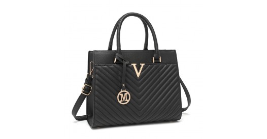 LT2357 - Miss Lulu Chic V-Quilted PU Leather Sophisticated Handbag - Black
