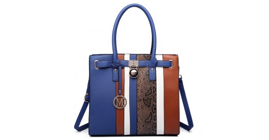 LT6620 - Miss Lulu Multi Panel Leather Look Snake Skin Stripe Handbag Blue