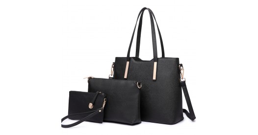 LT6648 - Miss Lulu Three Piece Tote Shoulder Bag And Clutch - Black
