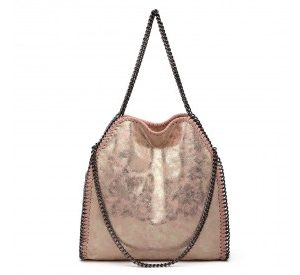 S1760 - Miss Lulu Metallic Effect Chain Tote Bag - Pink