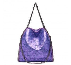 S1760 - Miss Lulu Metallic Effect Chain Tote Bag - Purple