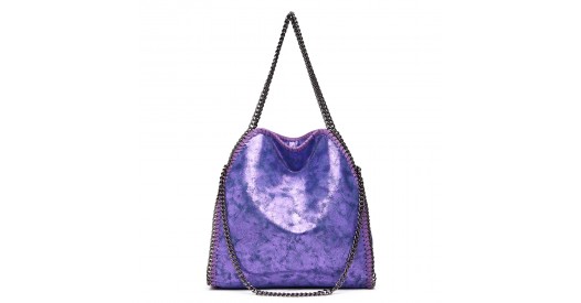 S1760 - Miss Lulu Metallic Effect Chain Tote Bag - Purple