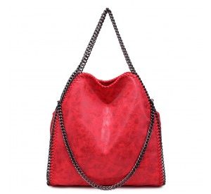 S1760 - Miss Lulu Metallic Effect Chain Tote Bag - Red