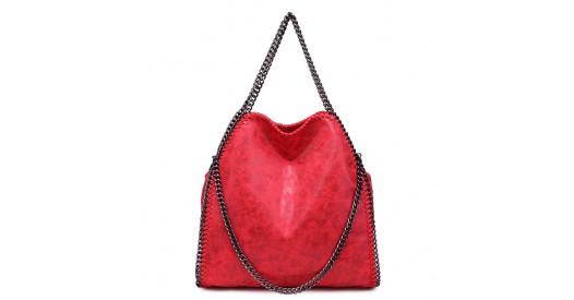 S1760 - Miss Lulu Metallic Effect Chain Tote Bag - Red
