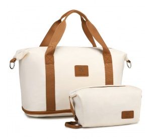 S2366 - 36L Expandable Water-Resistant Travel Tote Set with Cosmetic Pouch Versatile Carry-On Duffel Bag - Beige And Brown