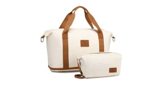 S2366 - 36L Expandable Water-Resistant Travel Tote Set with Cosmetic Pouch Versatile Carry-On Duffel Bag - Beige And Brown