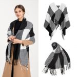 S6430 – Women Fashion Long Shawl Grid Tassel Winter Warm Lattice Large Scarf – Black