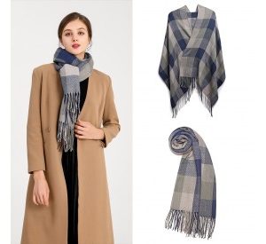 S6430 - Women Fashion Long Shawl Grid Tassel Winter Warm Lattice Large Scarf - Grey