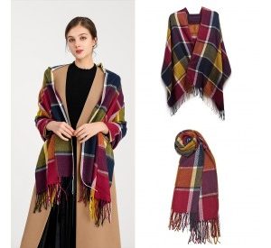 S6430 - Women Fashion Long Shawl Grid Tassel Winter Warm Lattice Large Scarf - Purple