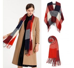 S6430 - Women Fashion Long Shawl Grid Tassel Winter Warm Lattice Large Scarf - Red