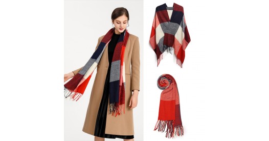 S6430 - Women Fashion Long Shawl Grid Tassel Winter Warm Lattice Large Scarf - Red
