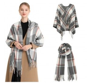 S6433 - Acrylic Fashion Women's Long Shawl Grid Tassel Winter Warm Oversized Scarf - Grey
