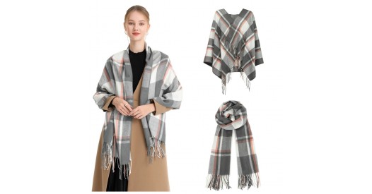 S6433 - Acrylic Fashion Women's Long Shawl Grid Tassel Winter Warm Oversized Scarf - Grey