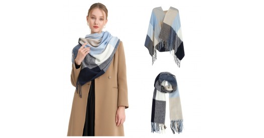 S6433 - Acrylic Fashion Women's Long Shawl Grid Tassel Winter Warm Oversized Scarf - Navy