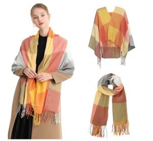 S6433 - Acrylic Fashion Women's Long Shawl Grid Tassel Winter Warm Oversized Scarf - Orange