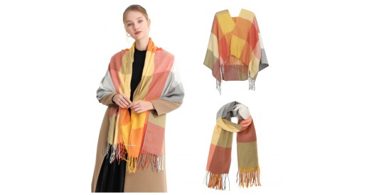 S6433 - Acrylic Fashion Women's Long Shawl Grid Tassel Winter Warm Oversized Scarf - Orange