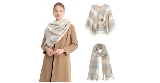 S6433 - Acrylic Fashion Women's Long Shawl Grid Tassel Winter Warm Oversized Scarf - Beige